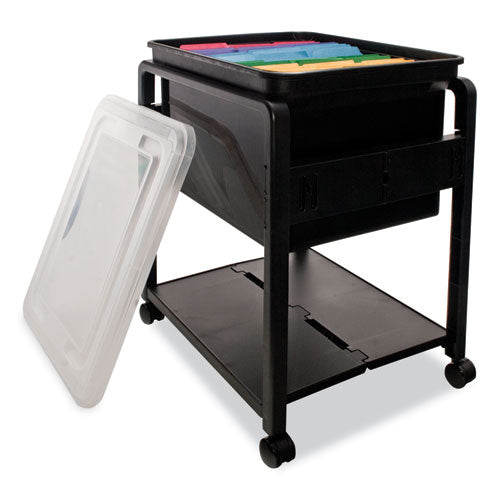 Image of Advantus Folding Mobile File Cart, Plastic, 1 Shelf, 1 Bin, 14.5" x 18.5" x 21.75", Black