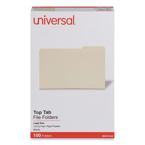 Image of Universal® Top Tab File Folders, 1/3-Cut Tabs: Right Position, Legal Size, 0.75" Expansion, Manila, 100/Box