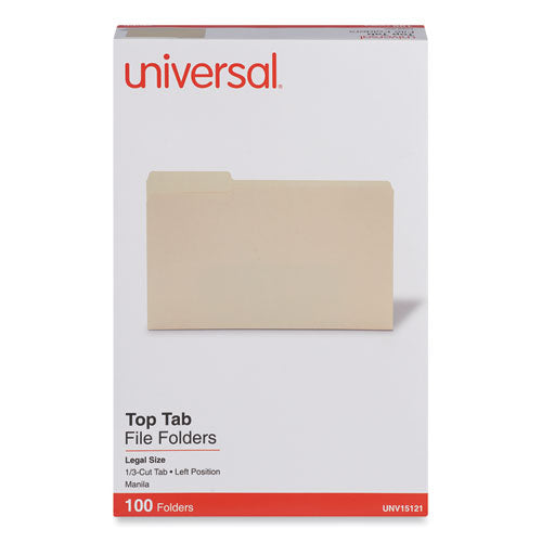 Image of Universal® Top Tab File Folders, 1/3-Cut Tabs: Left Position, Legal Size, 0.75" Expansion, Manila, 100/Box