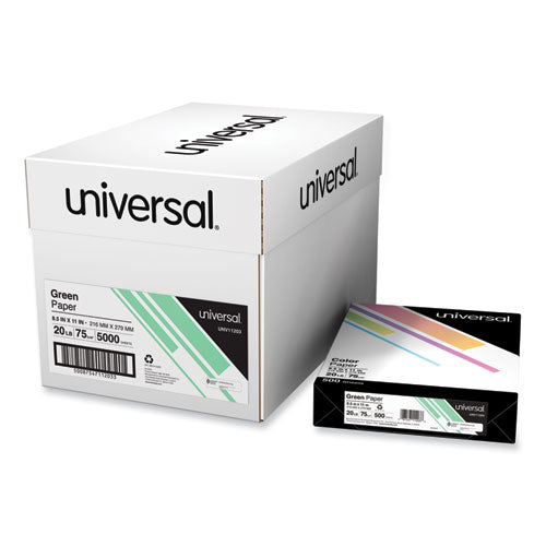 Image of Universal® Deluxe Colored Paper, 20 lb Bond Weight, 8.5 x 11, Green, 500 Sheets/Ream, 10 Reams/Carton