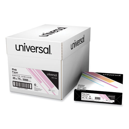 Image of Universal® Deluxe Colored Paper, 20 lb Bond Weight, 8.5 x 11, Pink, 500 Sheets/Ream, 10 Reams/Carton