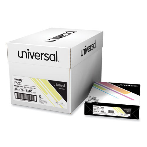 Image of Universal® Deluxe Colored Paper, 20 lb Bond Weight, 8.5 x 11, Canary, 500 Sheets/Ream, 10 Reams/Carton
