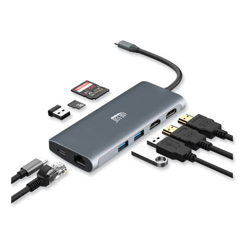 Image of Adesso 9-in-1 USB Type-C Docking Station, 2 HDMI/3 USB C/SD and TF Slot/RJ45, Gray/Black