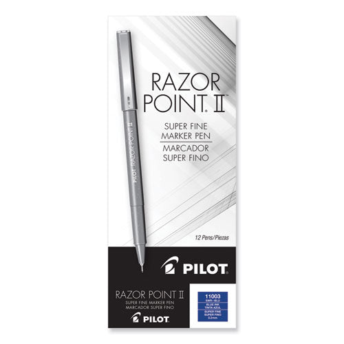 Image of Pilot® Razor Point II Super Fine Line Porous Point Pen, Stick, Super-Fine 0.2 mm, Blue Ink, Blue Barrel, Dozen