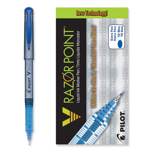 Image of Pilot® V Razor Point Liquid Ink Porous Point Pen, Stick, Extra-Fine 0.5 mm, Blue Ink, Gray/Translucent Blue Barrel, Dozen