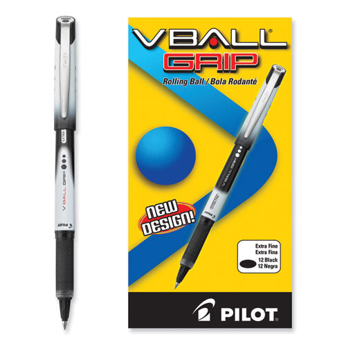 Image of Pilot® VBall Grip Liquid Ink Rollerball Pen, Stick, Extra-Fine 0.5 mm, Black Ink, Black/White Barrel, Dozen