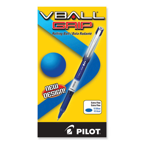 Image of Pilot® VBall Grip Liquid Ink Rollerball Pen, Stick, Extra-Fine 0.5 mm, Blue Ink, Blue/White Barrel, Dozen
