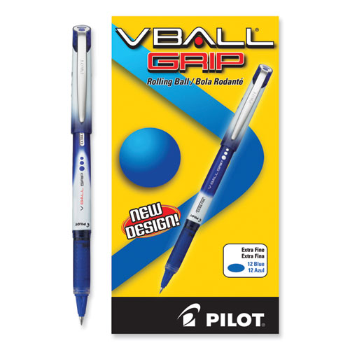 Image of Pilot® VBall Grip Liquid Ink Rollerball Pen, Stick, Extra-Fine 0.5 mm, Blue Ink, Blue/White Barrel, Dozen