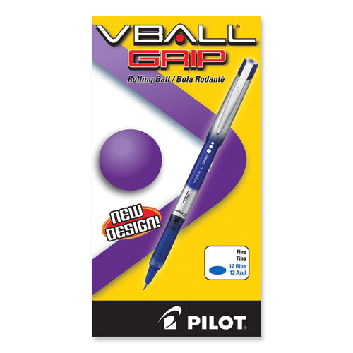 Image of Pilot® VBall Grip Liquid Ink Rollerball Pen, Stick, Fine 0.7 mm, Blue Ink, Blue/Silver Barrel, Dozen