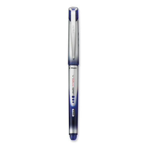 Image of Pilot® VBall Grip Liquid Ink Rollerball Pen, Stick, Fine 0.7 mm, Blue Ink, Blue/Silver Barrel, Dozen