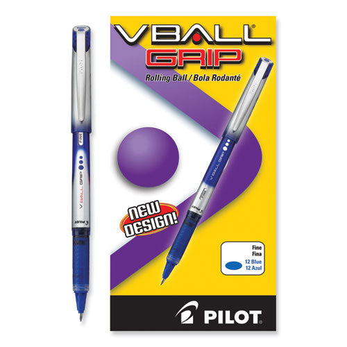 Image of Pilot® VBall Grip Liquid Ink Rollerball Pen, Stick, Fine 0.7 mm, Blue Ink, Blue/Silver Barrel, Dozen