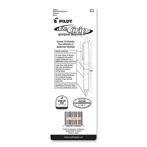 Image of Pilot® Dr. Grip Center of Gravity Ballpoint Pen, Retractable, Medium 1 mm, Black Ink, Silver/Charcoal Barrel