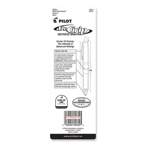 Image of Pilot® Dr. Grip Center of Gravity Ballpoint Pen, Retractable, Medium 1 mm, Black Ink, Silver/Navy Barrel