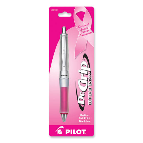 Image of Pilot® Dr. Grip Center of Gravity Breast Cancer Awareness Ballpoint Pen, Retractable, Medium 1 mm, Black Ink, Silver/Pink Barrel