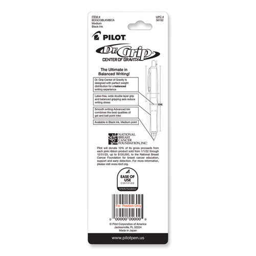 Image of Pilot® Dr. Grip Center of Gravity Breast Cancer Awareness Ballpoint Pen, Retractable, Medium 1 mm, Black Ink, Silver/Pink Barrel