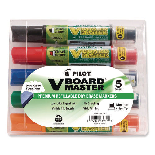 Image of Pilot® BeGreen V Board Master Dry Erase Marker, Medium Chisel Tip, Assorted Colors, 5/Pack