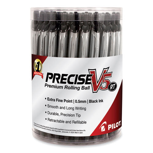Image of Pilot® Precise V5RT Rollerball Pen, Retractable, Extra-Fine 0.5 mm, Black Ink, Black Barrel, 30/Pack