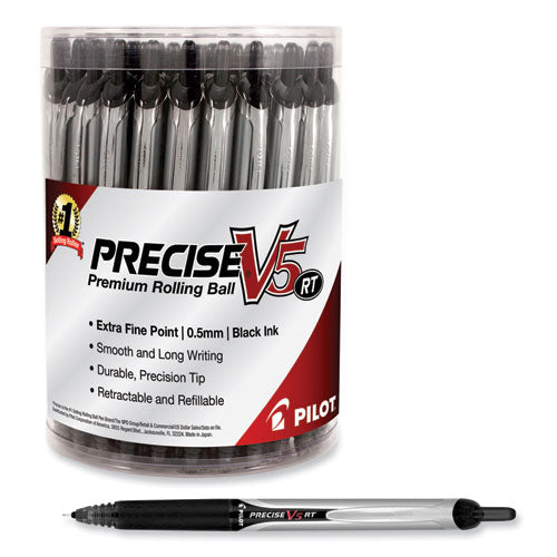 Image of Pilot® Precise V5RT Rollerball Pen, Retractable, Extra-Fine 0.5 mm, Black Ink, Black Barrel, 30/Pack