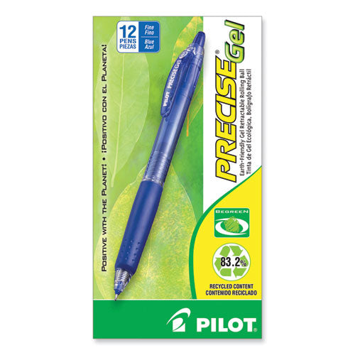Image of Pilot® Precise Gel BeGreen Gel Pen, Retractable, Fine 0.7 mm, Blue Ink, Translucent Blue Barrel, Dozen
