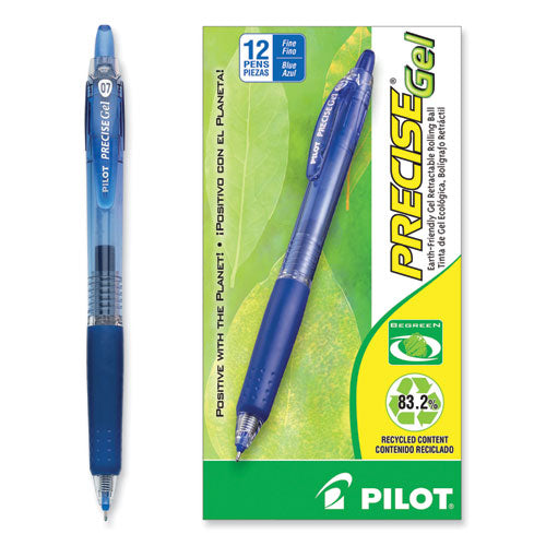 Image of Pilot® Precise Gel BeGreen Gel Pen, Retractable, Fine 0.7 mm, Blue Ink, Translucent Blue Barrel, Dozen