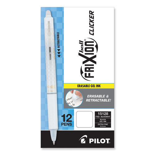 Image of Pilot® FriXion Ball Clicker Erasable Gel Pen, Retractable, Extra-Fine 0.5 mm, Black Ink, White Barrel, Dozen