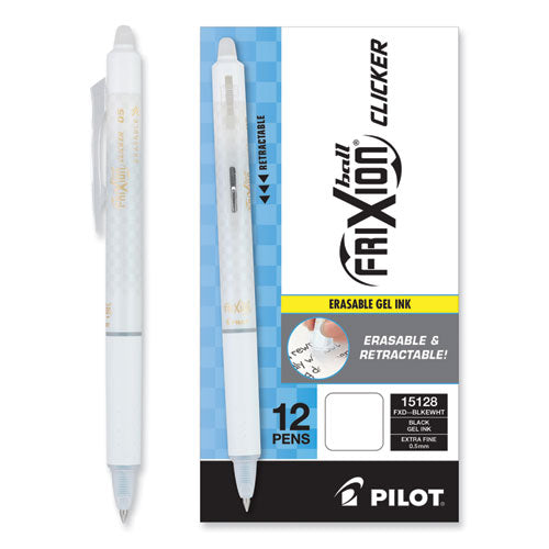 Image of Pilot® FriXion Ball Clicker Erasable Gel Pen, Retractable, Extra-Fine 0.5 mm, Black Ink, White Barrel, Dozen