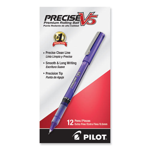Image of Pilot® Precise V5 Rollerball Pen, Stick, Extra-Fine 0.5 mm, Purple Ink, Purple/Clear Barrel, Dozen