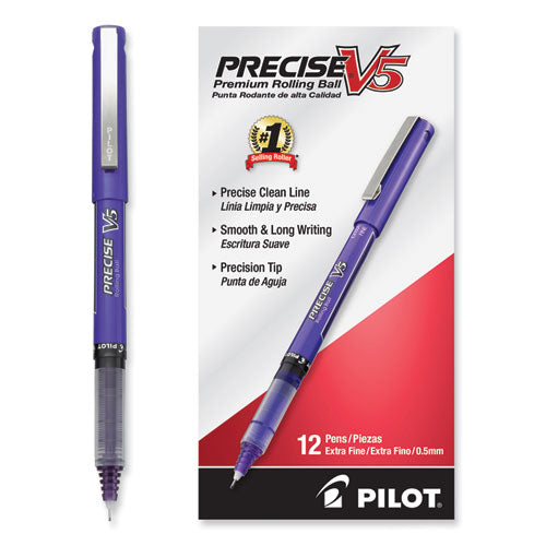 Image of Pilot® Precise V5 Rollerball Pen, Stick, Extra-Fine 0.5 mm, Purple Ink, Purple/Clear Barrel, Dozen
