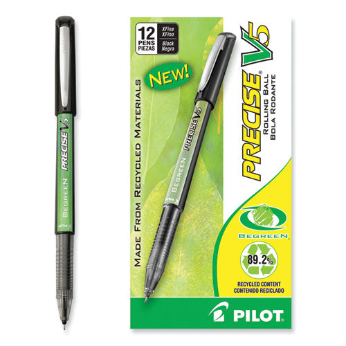 Image of Pilot® Precise V5 BeGreen Rollerball Pen, Stick, Extra-Fine 0.5 mm, Black Ink, Black Barrel, Dozen