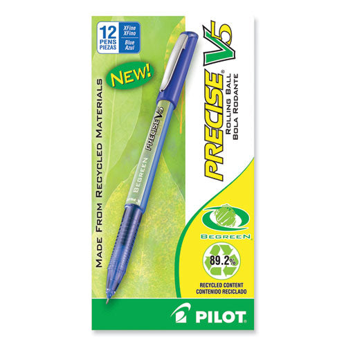 Image of Pilot® Precise V5 BeGreen Rollerball Pen, Stick, Extra-Fine 0.5 mm, Blue Ink, Blue Barrel, Dozen