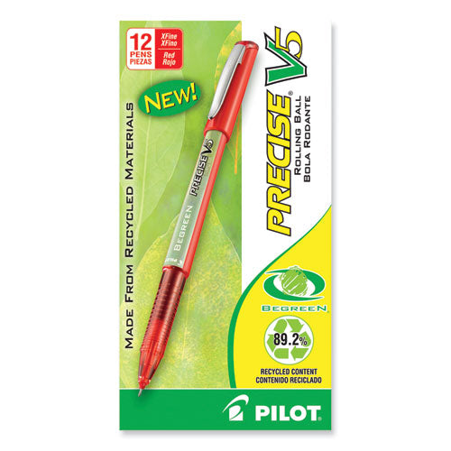 Image of Pilot® Precise V5 BeGreen Rollerball Pen, Stick, Extra-Fine 0.5 mm, Red Ink, Red Barrel, Dozen
