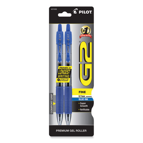 Image of Pilot® G2 Premium Gel Pen, Retractable, Fine 0.7 mm, Blue Ink, Smoke/Blue Barrel, 2/Pack