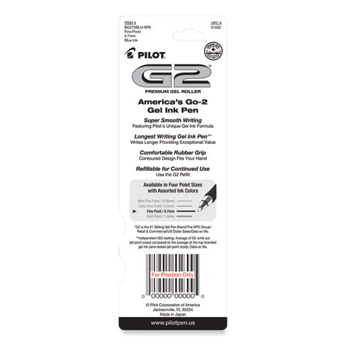 Image of Pilot® G2 Premium Gel Pen, Retractable, Fine 0.7 mm, Blue Ink, Smoke/Blue Barrel, 2/Pack