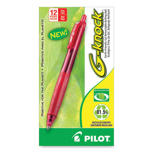 Image of Pilot® G-Knock BeGreen Gel Pen, Retractable, Fine 0.7 mm, Red Ink, Translucent Red/Red Barrel, Dozen