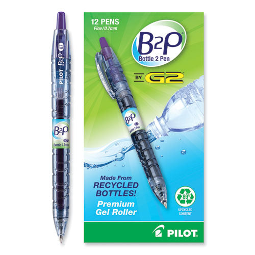 Image of Pilot® B2p Bottle-2-Pen Recycled Gel Pen, Retractable, Fine 0.7 Mm, Purple Ink, Translucent Blue Barrel