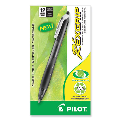 Image of Pilot® RexGrip BeGreen Ballpoint Pen, Retractable, Medium 1 mm, Black Ink, Smoke/Black Barrel, Dozen