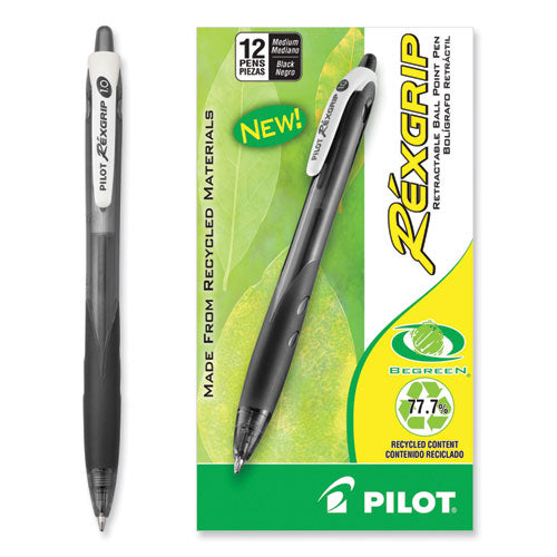 Image of Pilot® RexGrip BeGreen Ballpoint Pen, Retractable, Medium 1 mm, Black Ink, Smoke/Black Barrel, Dozen