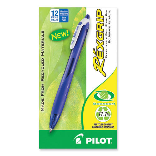 Image of Pilot® RexGrip BeGreen Ballpoint Pen, Retractable, Medium 1 mm, Blue Ink, Translucent Blue Barrel, Dozen