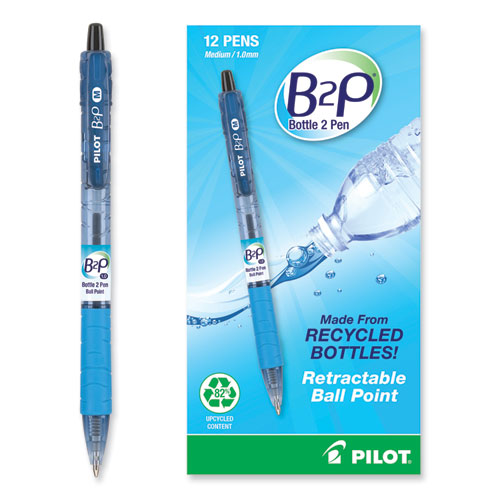 Image of Pilot® B2p Bottle-2-Pen Recycled Ballpoint Pen, Retractable, Medium 1 Mm, Black Ink, Translucent Blue Barrel, Dozen