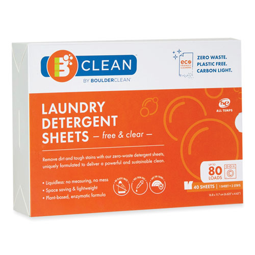 Image of Boulder Clean Laundry Detergent Sheets, Free and Clear, 40/Pack, 12 Packs/Carton