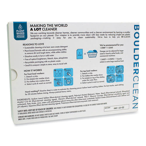 Image of Boulder Clean Laundry Detergent Sheets, Free and Clear, 40/Pack, 12 Packs/Carton