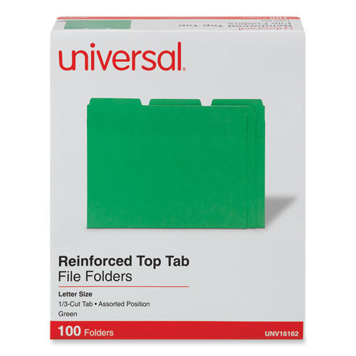Image of Universal® Reinforced Top-Tab File Folders, 1/3-Cut Tabs: Assorted, Letter Size, 1" Expansion, Green, 100/Box