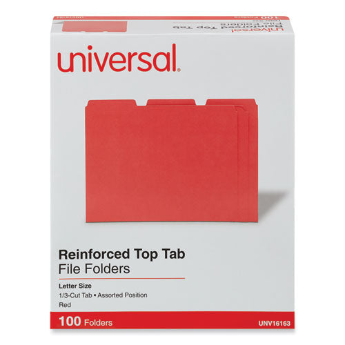 Image of Universal® Reinforced Top-Tab File Folders, 1/3-Cut Tabs: Assorted, Letter Size, 1" Expansion, Red, 100/Box