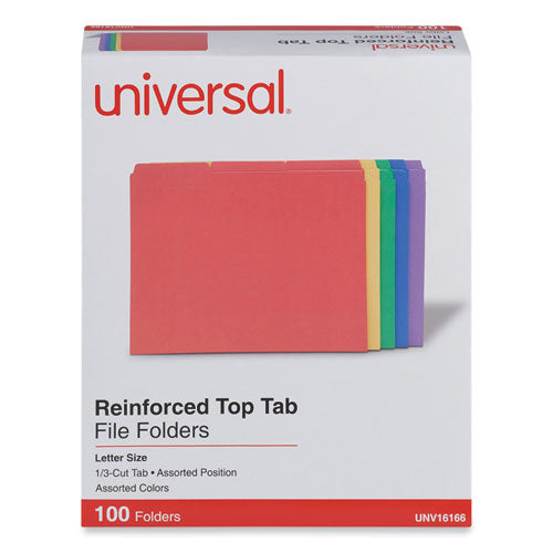 Image of Universal® Reinforced Top-Tab File Folders, 1/3-Cut Tabs: Assorted, Letter Size, 1" Expansion, Assorted Colors, 100/Box