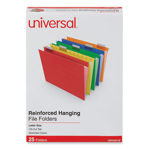 Image of Universal® Deluxe Reinforced Recycled Hanging File Folders, Letter Size, 1/5-Cut Tabs, Assorted, 25/Box