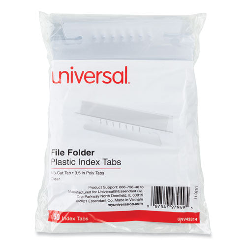 Image of Universal® Hanging File Folder Plastic Index Tabs, 1/3-Cut, Clear, 3.7" Wide, 50/Pack
