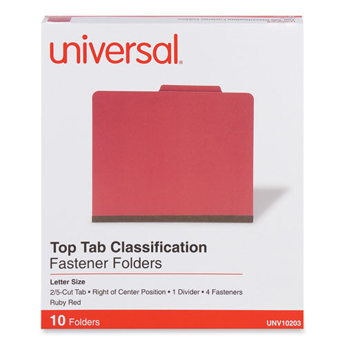 Image of Universal® Bright Colored Pressboard Classification Folders, 2" Expansion, 1 Divider, 4 Fasteners, Letter Size, Ruby Red, 10/Box