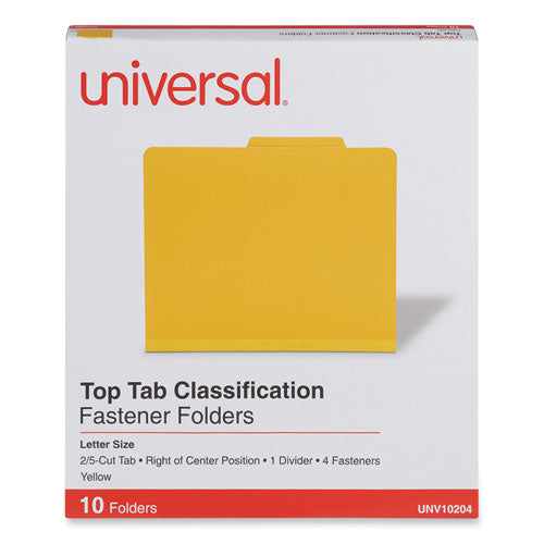 Image of Universal® Bright Colored Pressboard Classification Folders, 2" Expansion, 1 Divider, 4 Fasteners, Letter Size, Yellow Exterior, 10/Box