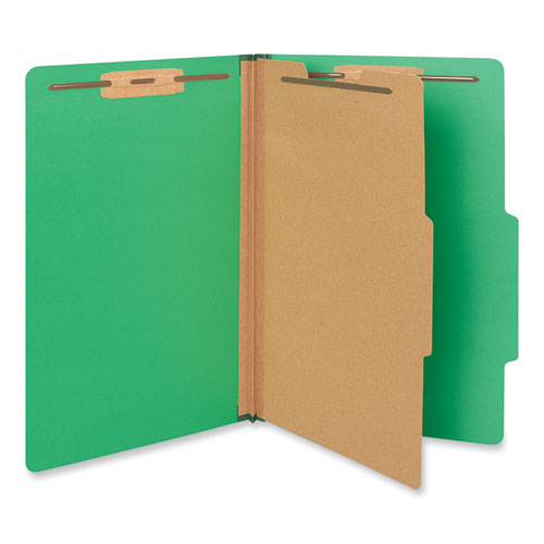 Image of Universal® Bright Colored Pressboard Classification Folders, 2" Expansion, 1 Divider, 4 Fasteners, Legal Size, Emerald Green, 10/Box