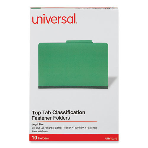 Image of Universal® Bright Colored Pressboard Classification Folders, 2" Expansion, 1 Divider, 4 Fasteners, Legal Size, Emerald Green, 10/Box
